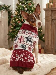 PETSIN Christmas Reindeer Knit Dog Sweater Burgundy Red With Snowflake & Tree Patterns - Multicolor - View 2
