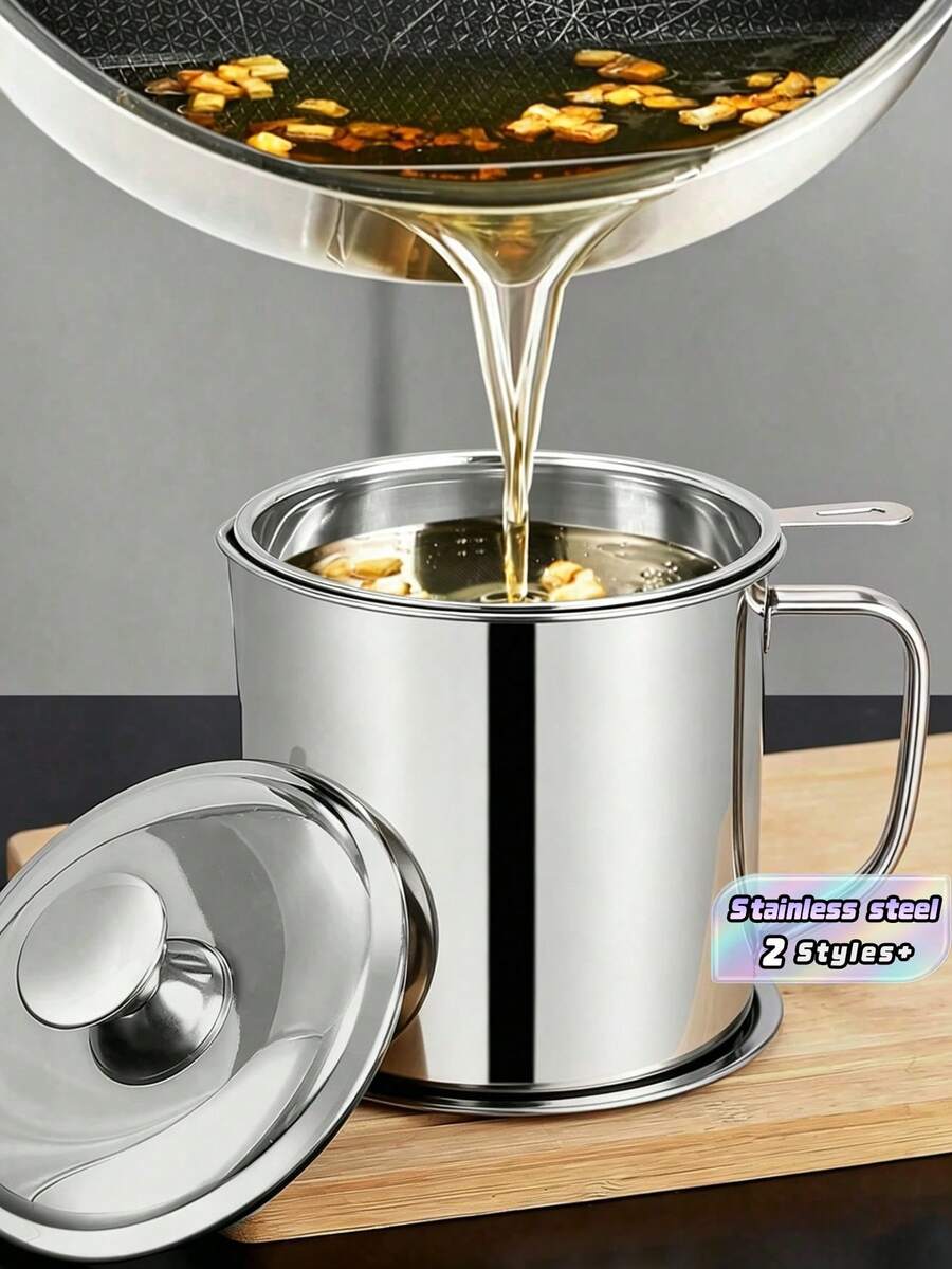 1pc Stainless Steel Oil Filter Containers, Oil Storage Bottle, Oil Storage Cup With Lid, With Strainer For Kitchen,Deep Fryer Oil Storage, Stainless Steel Oil Container, Multifunctional Oil Filter Pot For Kitchen, Christmas - primary color - View 1