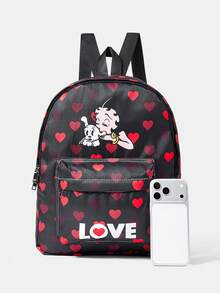 Betty Boop x SHEIN 愛心與卡通人物字母印花休閒後背包 前口袋設計 適合上學、旅行、日常通勤 - 卡通-5 - 查看 3