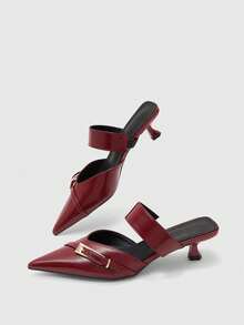 CUCCOO BIZCHIC Ladies Burgundy Pointed Kitten Heel Mule Shoes Metal Square Buckle Commuter Fashion Exterior High Heel Shoes - Burgundy - View 6