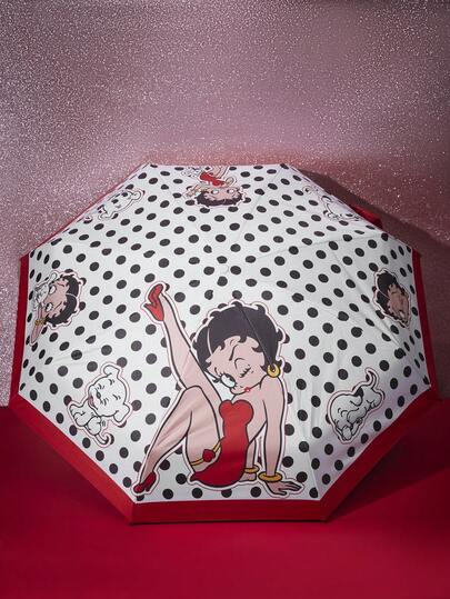Betty Boop X Joivida 1 pieza Paraguas plegable mini con estampado de dibujos animados, protección UV, ligero, de bolsillo, para sol y lluvia, sombrilla de viaje compacta y portátil, apta para uso en exteriores