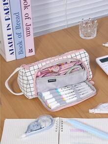 1PC Large Capacity Simple Plaid Multifunctional Triangle Pencil Case Handheld Portable Student Stationery Organizer For School Travel Office Desk Home Gift - Single Piece - View 5