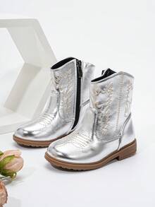 SHEIN Autumn/Winter Embroidered Totem Boots, New Wear-Resistant Warm Comfortable Flat Western Style Versatile Baby Boots - Silver - View 1