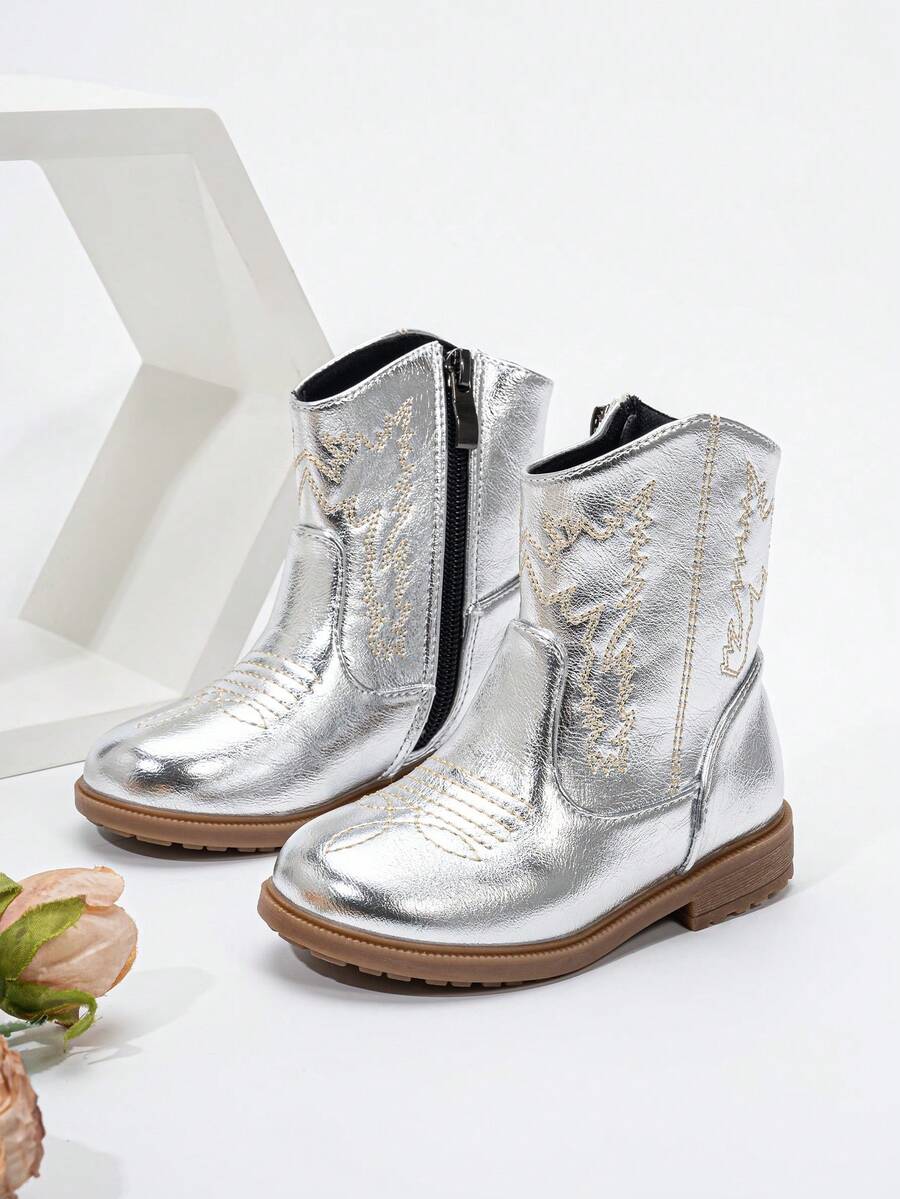 SHEIN Autumn/Winter Embroidered Totem Boots, New Wear-Resistant Warm Comfortable Flat Western Style Versatile Baby Boots - Silver - View 1