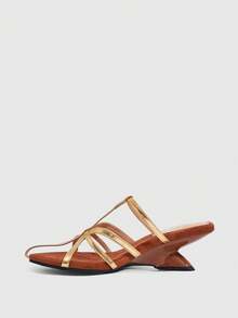 CUCCOO SZL Women's Shoes With T-Shaped Toe, Pointed Toe, Irregular Heel, Suede Stitching, Shiny Surface, Versatile For Dating And Commuting, High-Heeled Sandals - Brown and gold - View 3