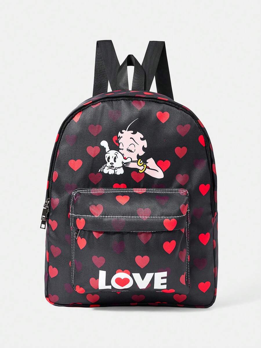 Betty Boop x SHEIN 愛心與卡通人物字母印花休閒後背包 前口袋設計 適合上學、旅行、日常通勤 - 卡通-5 - 查看 1