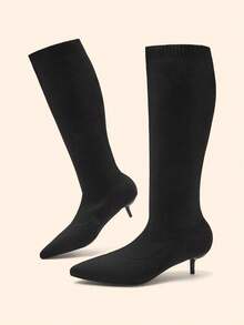 CUCCOO BASICS Women's Fashion Pointed Fabric Surface. Medium High Heel Lacquered Straight Heel Knee High Elastic Boots. Sexy Versatile Commuter Autumn And Winter Cl - Black - View 4