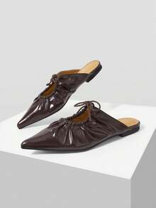 Mnmlis Maillard Dark Brown Pleated Drawstring Lace-Up Pointed Toe Flat Bottom Mules V-Cut Closed Toe Outer Wear Slouchy Sandals Gentle Commute Fall Shoes - Brown - View 4