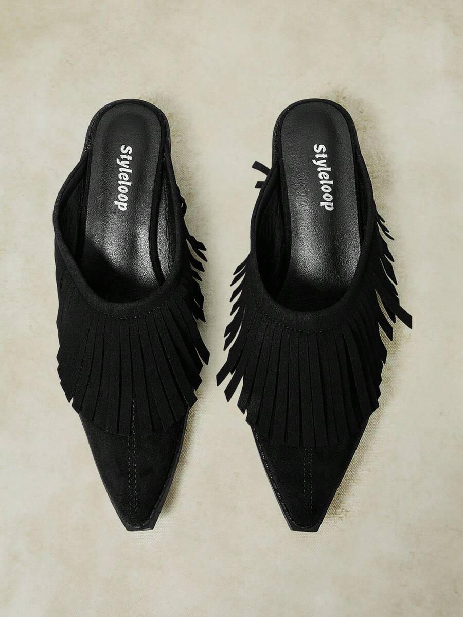 Styleloop Women's Retro Denim Fringed Mules Pointed Toe Heel Heelless ...