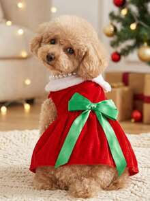 PETSIN Christmas Festive Pet Gown, Faux‑Fur Collar With Satin Bow For Small Dogs Cats - Red - View 2
