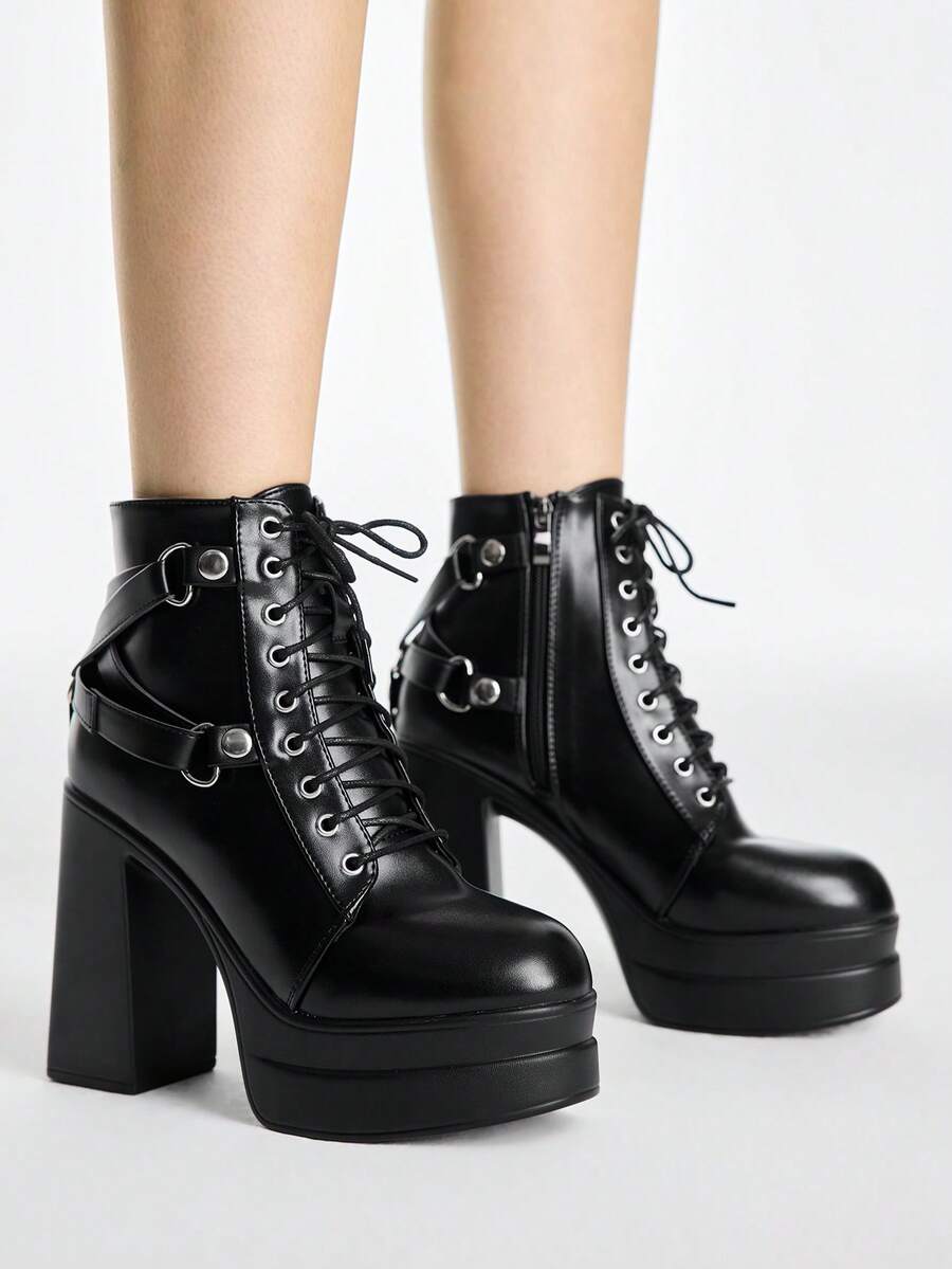 ROMWE Grunge Punk Women's Retro Punk-Style Block-Heel Platform Ankle Boots Featuring Gothic-Style Studs, Buckles, Crisscross Straps, And Side Zippers. - Black - View 1