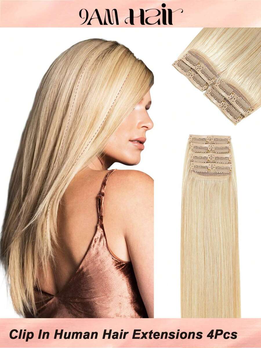 4PCS With 8 Clips Straight Clip In Hair Extensions 100% Real Human Hair Color P27/613# Golden Blonde Highlighted Light Blonde 12-18 Inch Double Weft Invisible Clip Hair Extensions Remy Natural Human Hair For Women Girl Daily Full Head Use - SP27/613 - View 1