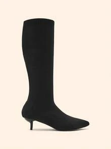 CUCCOO BASICS Women's Fashion Pointed Fabric Surface. Medium High Heel Lacquered Straight Heel Knee High Elastic Boots. Sexy Versatile Commuter Autumn And Winter Cl - Black - View 6