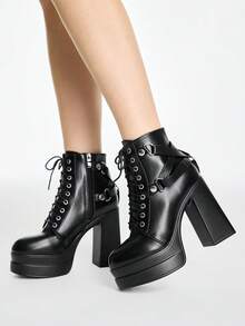 ROMWE Grunge Punk Women's Retro Punk-Style Block-Heel Platform Ankle Boots Featuring Gothic-Style Studs, Buckles, Crisscross Straps, And Side Zippers. - Black - View 4
