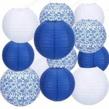 12 Traditional Chinese Blue And White Porcelain Patterned Paper Lanterns, Suitable For Holiday Celebrations, Parties, And Home Decor - Multi-colored. - View 3