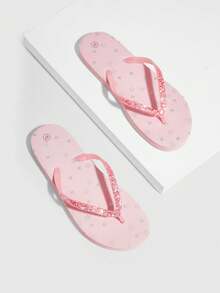 Grefit Star Printed Flat Home & Beach Flip Flops Spring Shoes Spring Break Easter For Casual Beach Style For Christmas Beach Shoes - Baby Pink - View 3