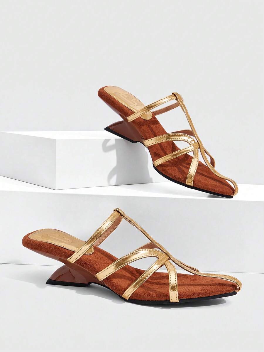 CUCCOO SZL Women's Shoes With T-Shaped Toe, Pointed Toe, Irregular Heel, Suede Stitching, Shiny Surface, Versatile For Dating And Commuting, High-Heeled Sandals - Brown and gold - View 1