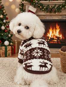 PETSIN 1 Pc Pet Cat/Dog Brown Flannel Deer & Snowflake Print Warm Crew Neck, Christmas Decorations - Multicolor - View 2