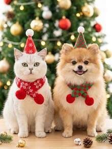 PETSIN Pet Christmas Party Hat And Knitted Scarf Set, Xmas Pom Pom Costume Accessories For Cats Small Dogs, Holiday Photo Props - Multicolor - View 2
