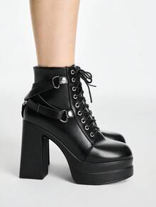 ROMWE Grunge Punk Women's Retro Punk-Style Block-Heel Platform Ankle Boots Featuring Gothic-Style Studs, Buckles, Crisscross Straps, And Side Zippers. - Black - View 5