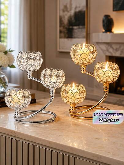 1 pieza Candelabro de cristal dorado/plateado - Centro de mesa elegante de 3 brazos con base de metal | Velita votiva brillante para boda, aniversario, decoración de mesa