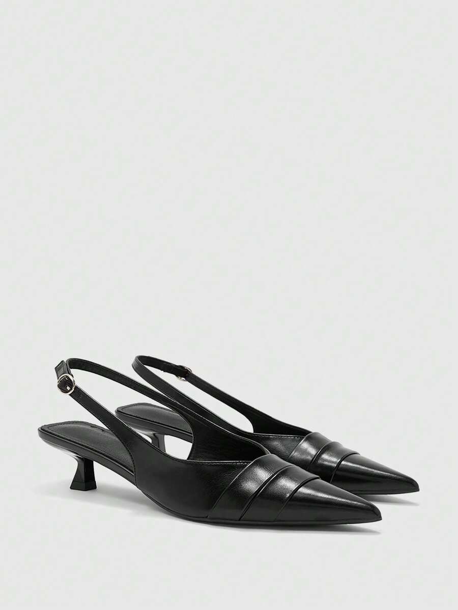 CUCCOO BIZCHIC Women's Black Pointed Back Strap Kitten And Single Shoe Strap Decoration Commuting Simple Temperament High Heel Single Shoes - Black - View 1