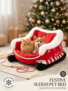 PETSIN 1PC Christmas Sleigh‑Shaped Pet Bed, Removable Washable Pet Sofa Nest, All‑Season Sleeping Cushion Bed For Small Dogs & Cats - Multicolor - View 2