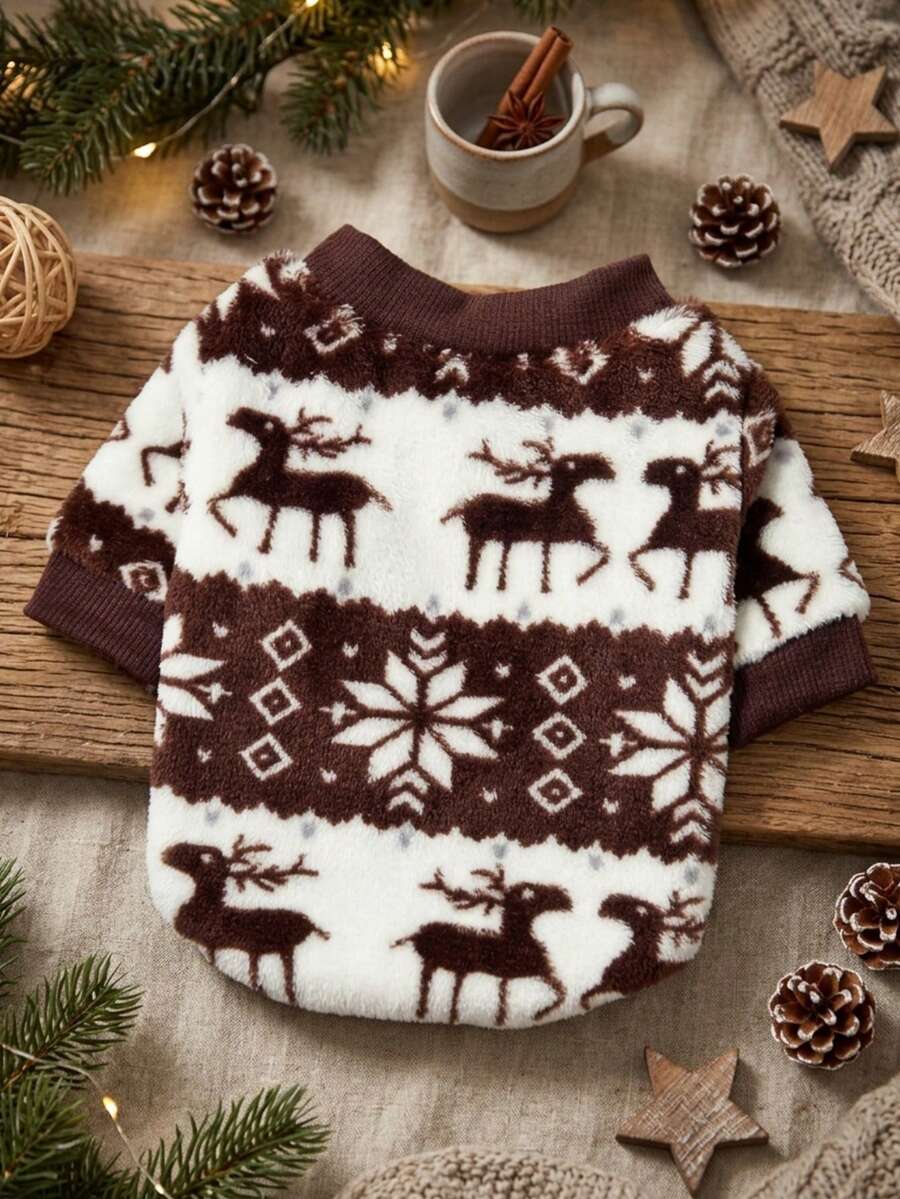 PETSIN 1 Pc Pet Cat/Dog Brown Flannel Deer & Snowflake Print Warm Crew Neck, Christmas Decorations - Multicolor - View 1
