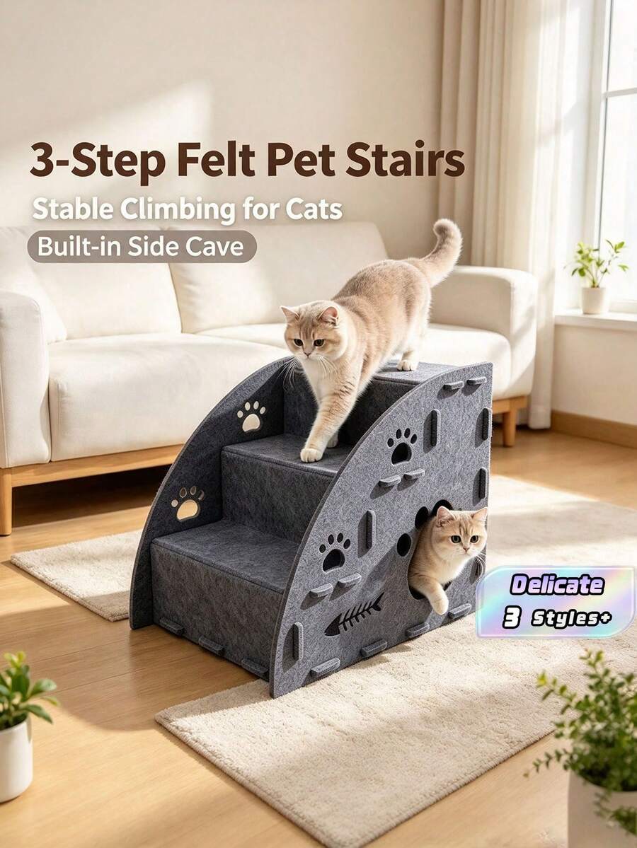 3-In-1 Multifunctional Felt Pet Stairs & Ramp, Anti-Slip Gentle Slope Cat Steps, Suitable For Sofa And Bed, 3 Sizes Available (Small/Medium/Large), Please Purchase Based On Cat Size - Grey - View 1