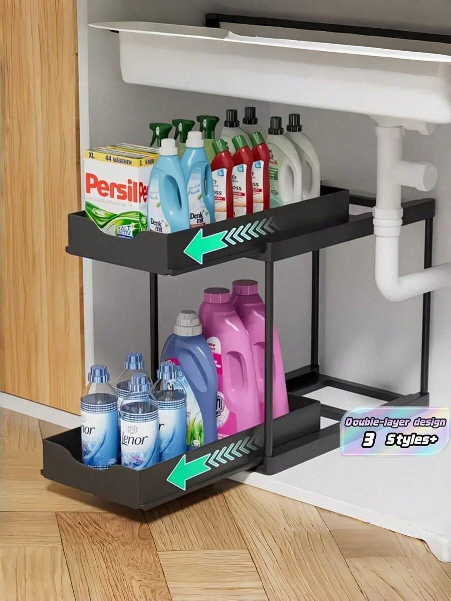 A Double-Layer Sink Storage Shelf With A Pull-Out Sliding Organizer ...