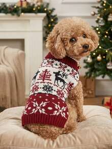 PETSIN Christmas Reindeer Knit Dog Sweater Burgundy Red With Snowflake & Tree Patterns - Multicolor - View 5