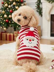 PETSIN 1pc Stretchy Knitted Warm Two-Legged Sweater With Santa Embroidery For Small And Large Dogs, Christmas Decorations - Red and White - View 3