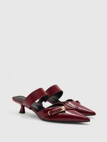 CUCCOO BIZCHIC Ladies Burgundy Pointed Kitten Heel Mule Shoes Metal Square Buckle Commuter Fashion Exterior High Heel Shoes - Burgundy - View 1