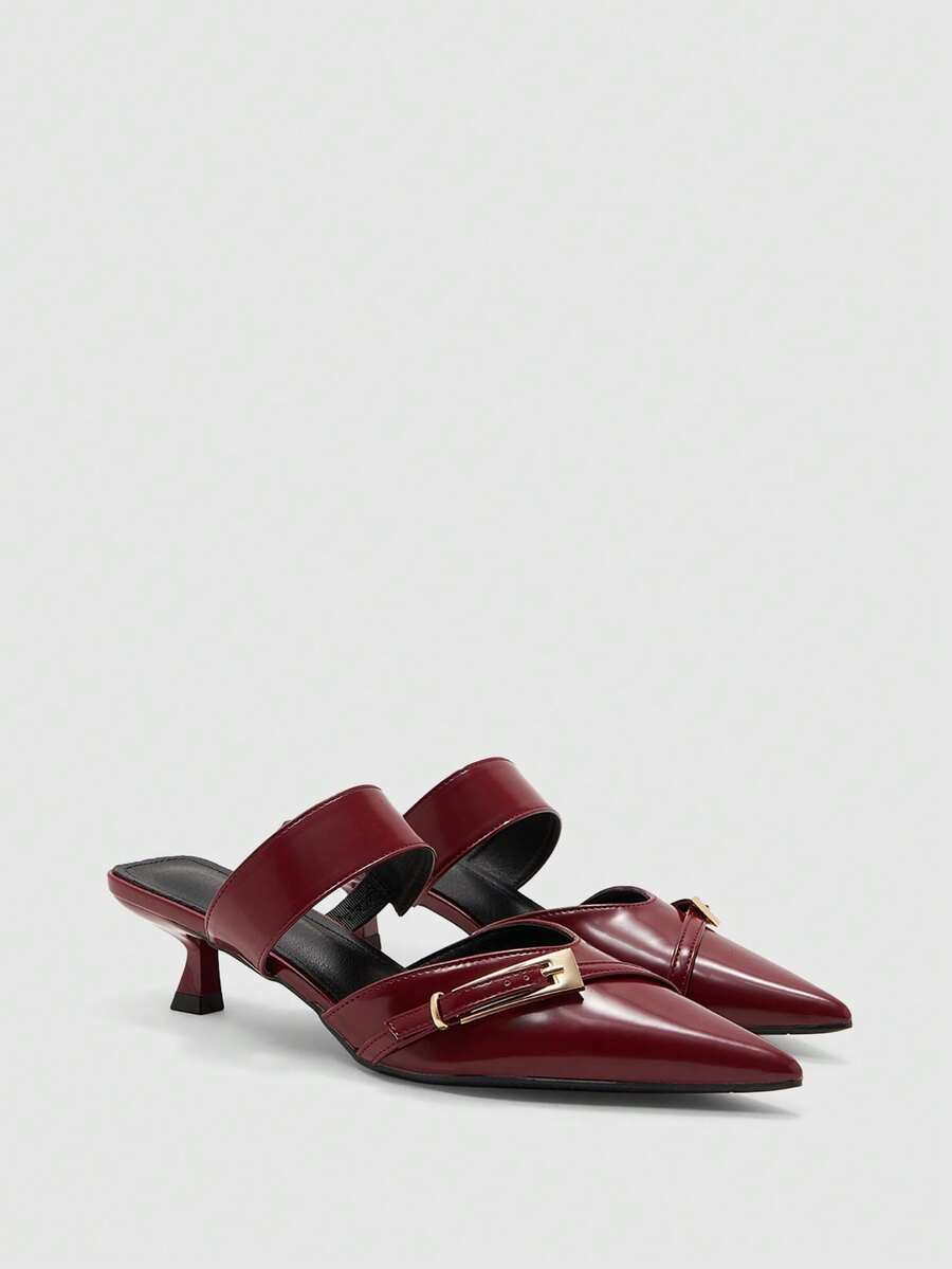 CUCCOO BIZCHIC Ladies Burgundy Pointed Kitten Heel Mule Shoes Metal Square Buckle Commuter Fashion Exterior High Heel Shoes - Burgundy - View 1