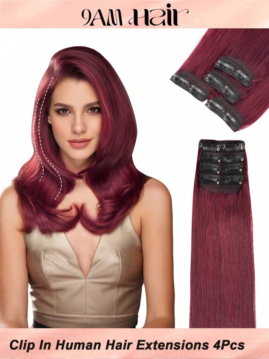 4PCS Straight Clip In Hair Extensions Human Hair, Double Weft Invisible Design With 8 Clips, 99J# Wine Red Premium Remy Hair, 12‑18 Inch, For Full‑Head Volume Boost, Perfect For Women & Girls Daily Wear, Fall Outfits, Halloween And Christmas Holiday - S99J - View 1