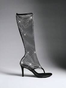 SHEIN SHUZIA Women's Black Rhinestone Mesh Open Toe Stiletto High Heel Knee High Boots, Chic Sparkly Party & Evening Dress Shoes - Deep Black - View 6