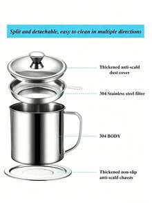 1pc Stainless Steel Oil Filter Containers, Oil Storage Bottle, Oil Storage Cup With Lid, With Strainer For Kitchen,Deep Fryer Oil Storage, Stainless Steel Oil Container, Multifunctional Oil Filter Pot For Kitchen, Christmas - primary color - View 4