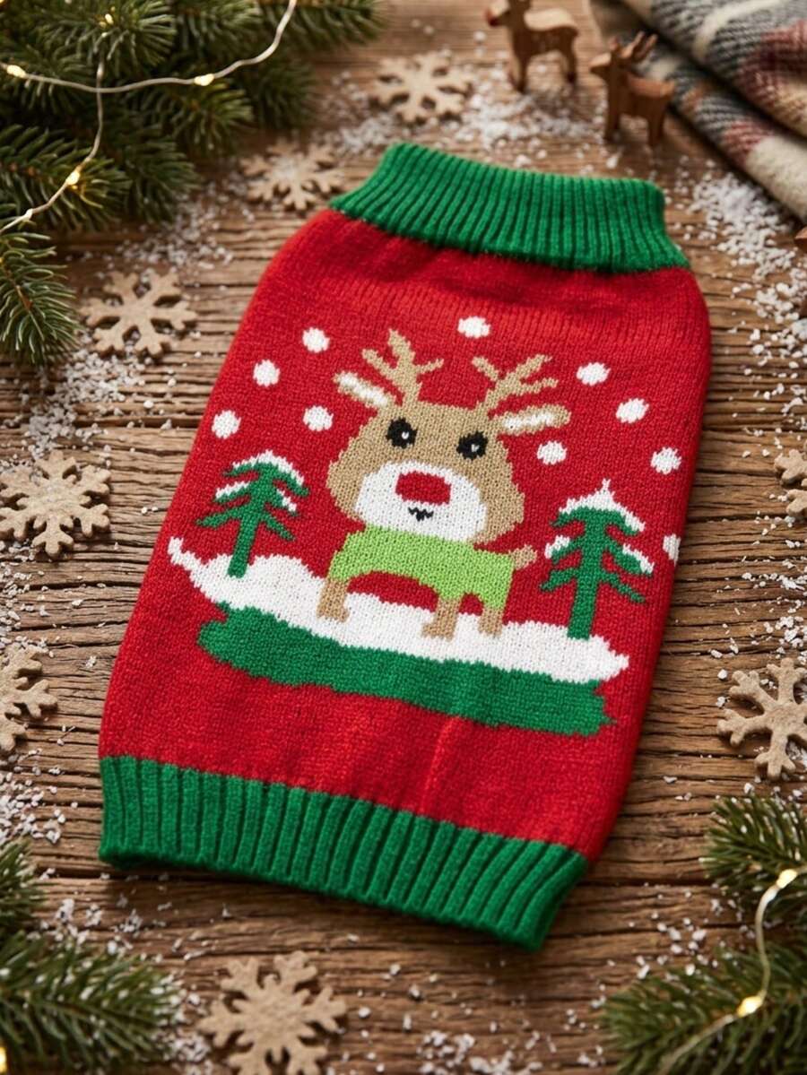 PETSIN Reindeer Dog Christmas Sweater Snow Scene Knit Pet Winter Holiday Outfit