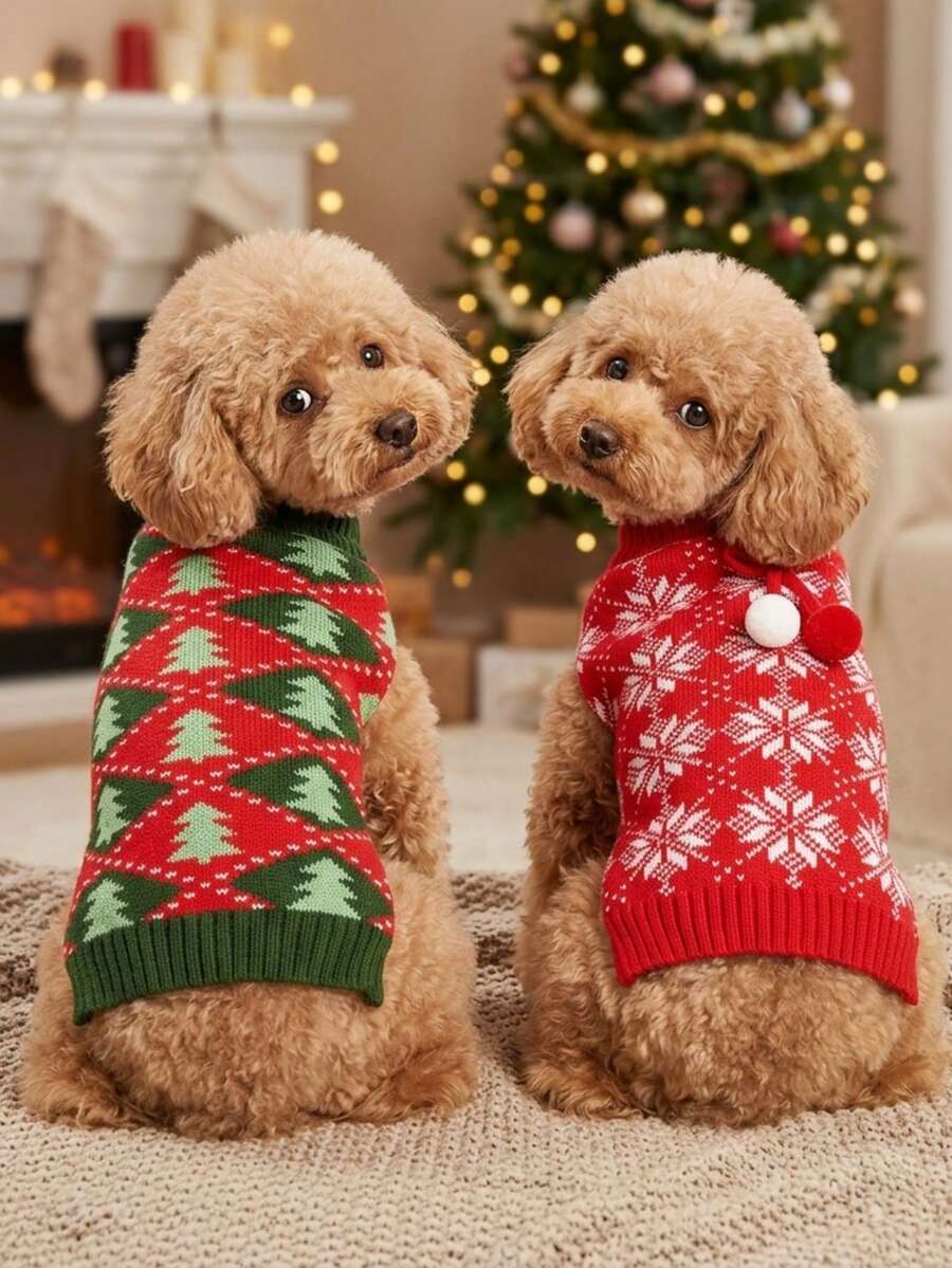 PETSIN Mas Tree Snowflake Fair Isle Dog Knit Vest, Sleeveless Holiday Pet Tank, Winter Warm Puppy Sweater
