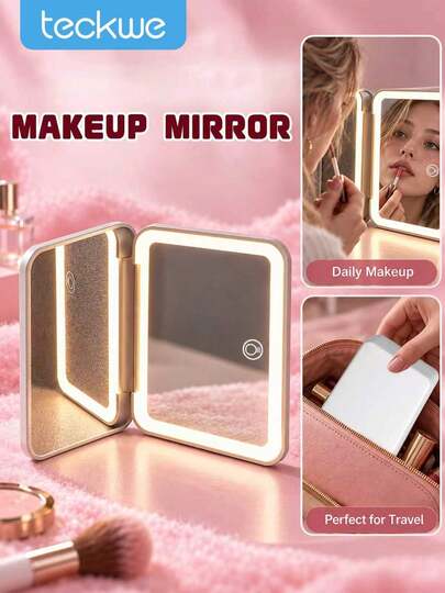 Teckwe LED Lighted Makeup Mirror With Touch Screen, 3 Lighting Modes, Portable Stand, Foldable For Storage, Travel Vanity Mirror With Lights, Rechargeable Battery, Adjustable 3-Color Lighting, Travel Makeup Accessory,