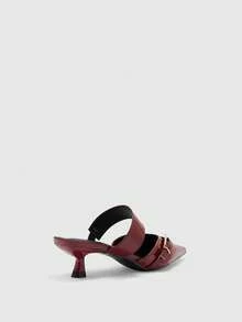 CUCCOO BIZCHIC Ladies Burgundy Pointed Kitten Heel Mule Shoes Metal Square Buckle Commuter Fashion Exterior High Heel Shoes - Burgundy - View 4