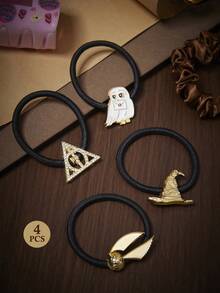 HARRY POTTER X SHEIN 4件組鋅合金女士彈性髮圈 金色髮帶與黑色橡皮筋套組，適合紮髮與馬尾髮型，禮物首選，適用派對與節慶 - 彩色 - 查看 2