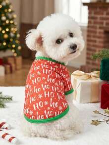 PETSIN Festive Pet Tee With "HO HO HO" & Snowflake Print - Red Base Green Trim Christmas Dog Clothes - Red and White - View 3