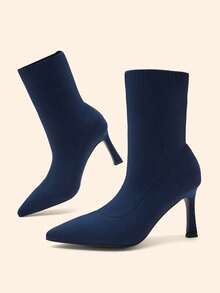 CUCCOO BASICS Women's Pointed Middle Tube Fabric Surface. Cloth Shaped Heel Medium High Heel Elastic Boots. Sexy Versatile Commuter Autumn And Winter Classic Women' - Navy Blue - View 5