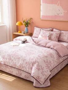 SHEIN 3-delat rosa quiltöverdragset med blommönster, röda snäckor och broderad kant, 1 quiltöverdrag + 2 örngott (utan quiltfyllning), mjukt och hudvänligt, mild retrostil, sovrumsdekoration, maskintvättbart, lämpligt för alla årstider - Multifärgad - Visa 7