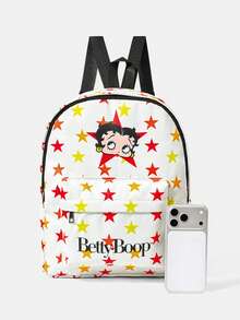 Betty Boop x SHEIN 星星與卡通角色字母印花後背包，附前口袋，適用於學校、旅行與日常使用 - 卡通-6 - 查看 3