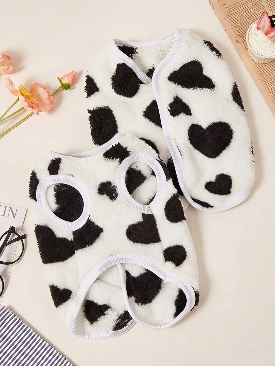 PETSIN 1pc Pet Cat Dog Universal Cute Black And White Love Pattern Printed Double Sided Elastic Plush Comfortable Warm Open Button Dog Sleeveless Jacket - Multicolor - View 1