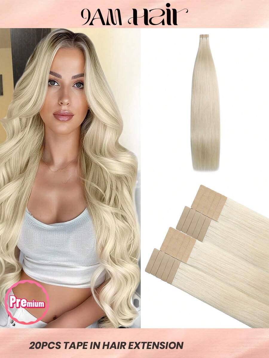 20pcs 50g 60# Platinum Blonde Color Straight Tape In 100% Remy Human Hair Extension For Salon Silky Seamless Invisible For Thin Hair Woman Natural Look Top Quality Halloween Costumes - S60 - View 1