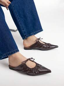 Mnmlis Maillard Dark Brown Pleated Drawstring Lace-Up Pointed Toe Flat Bottom Mules V-Cut Closed Toe Outer Wear Slouchy Sandals Gentle Commute Fall Shoes - Brown - View 8