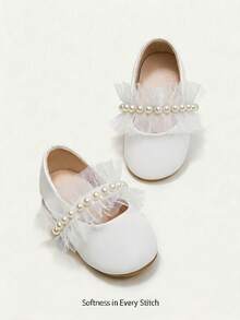 Cozy Pixies Collection Lace & Faux Pearl Adorable Flat Shoes For Baby Girls With Princess Style Wedding Theme In White, Suitable For Every Occasion Party - White - View 2